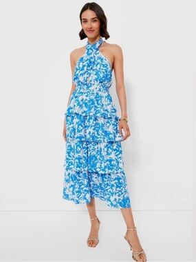 Hyacinth House Tuckernuck Blue White Floral Halter Midi Dress Tiered Size S